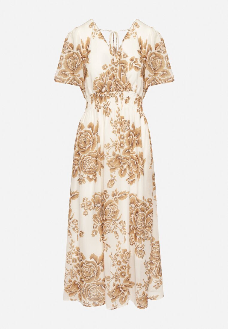 m&d fashion Rochie bej deschis florală cu croială evazată și legătură Raloiti