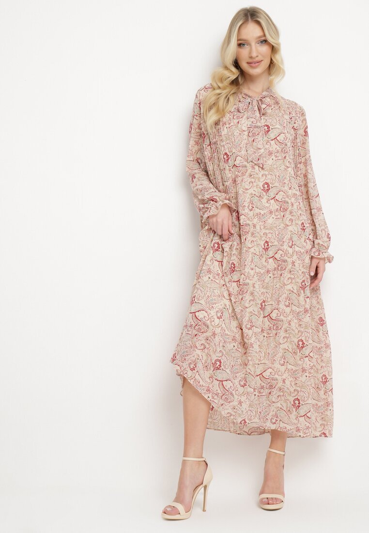 m&d fashion Rochie bej deschisă Plisată cu croială evazată cu imprimeu Paisley cu legătură la decolteu Rosamuna