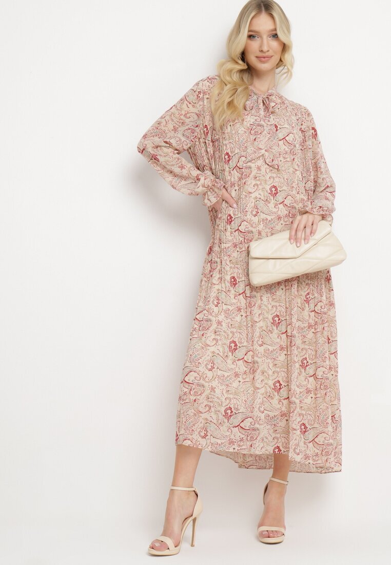 m&d fashion Rochie bej deschisă Plisată cu croială evazată cu imprimeu Paisley cu legătură la decolteu Rosamuna