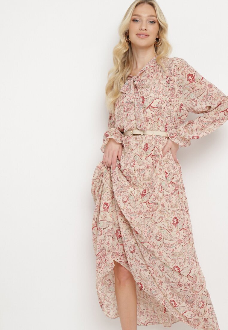 m&d fashion Rochie bej deschisă Plisată cu croială evazată cu imprimeu Paisley cu legătură la decolteu Rosamuna