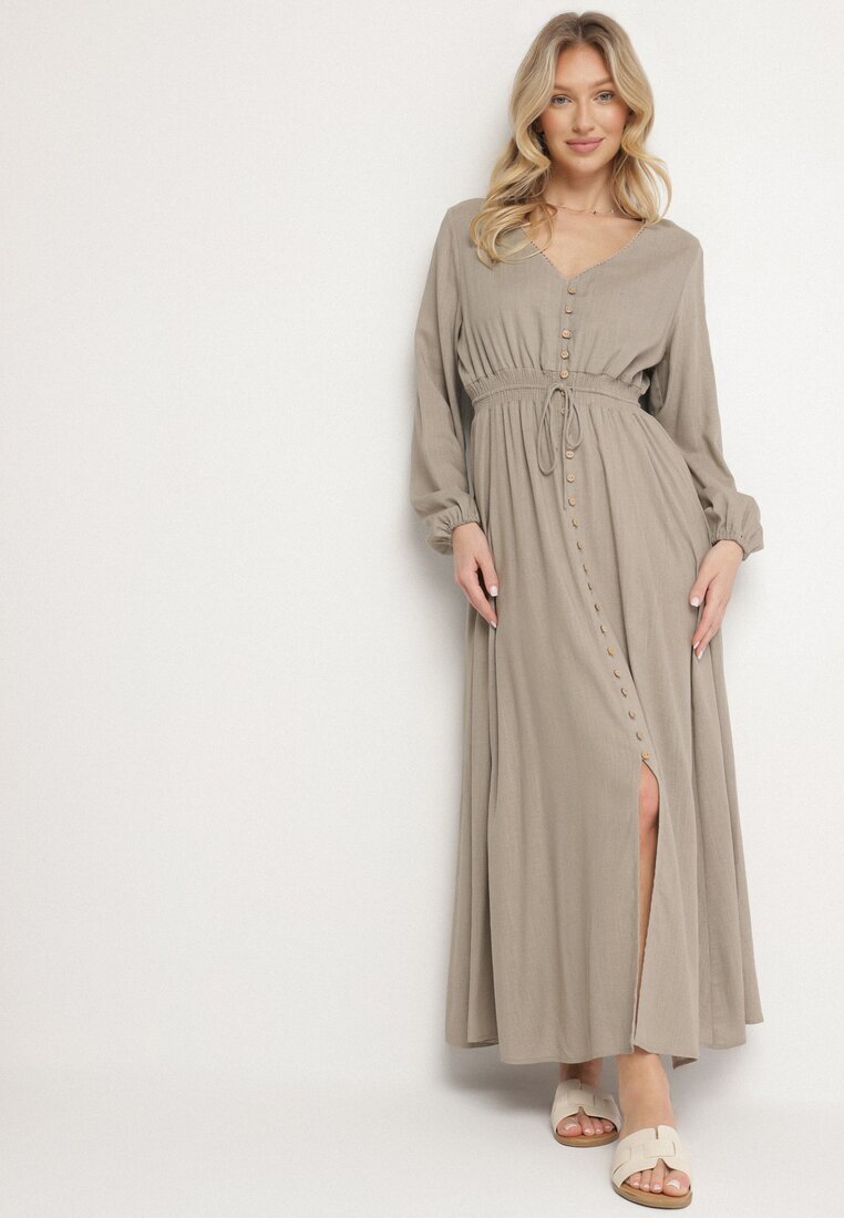 m&d fashion Rochie Bej Evazată cu In și Viscoză Decorată cu Nasturi Maitiella