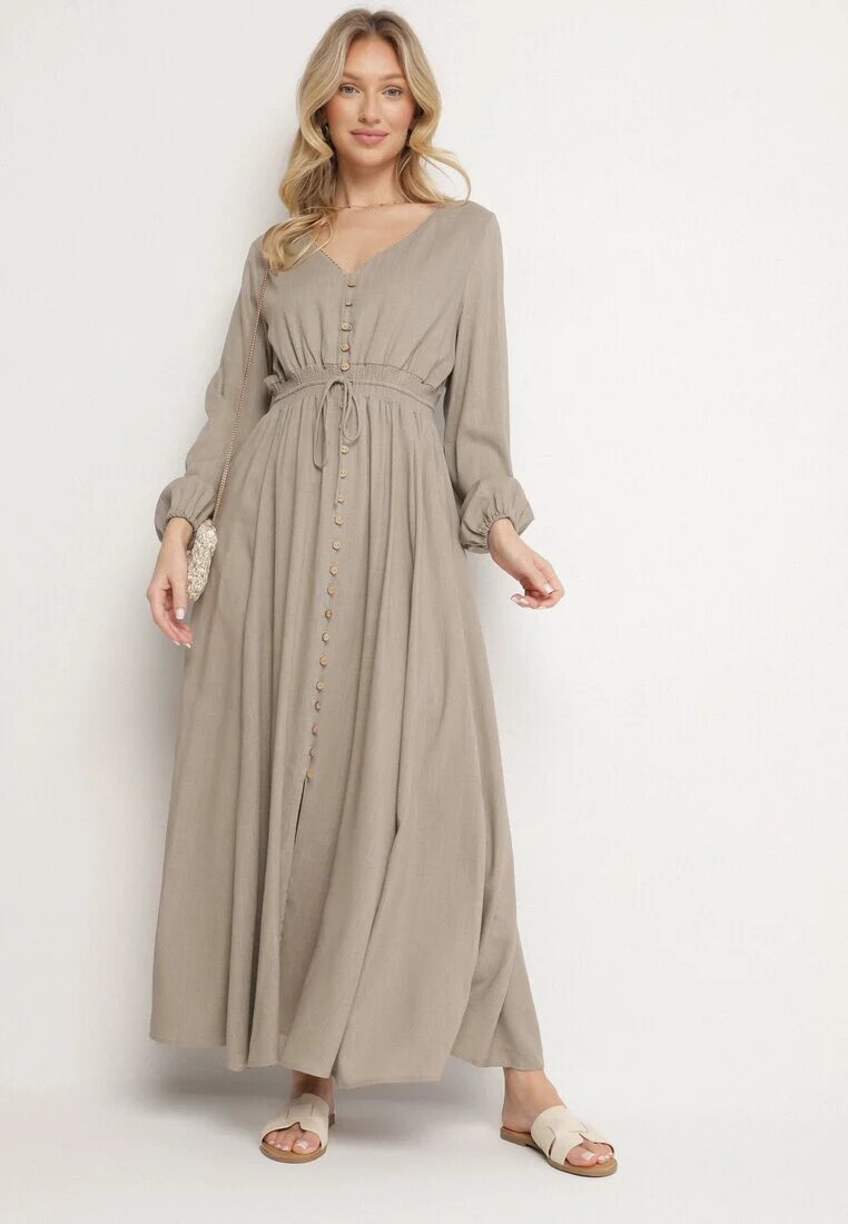 m&d fashion Rochie Bej Evazată cu In și Viscoză Decorată cu Nasturi Maitiella