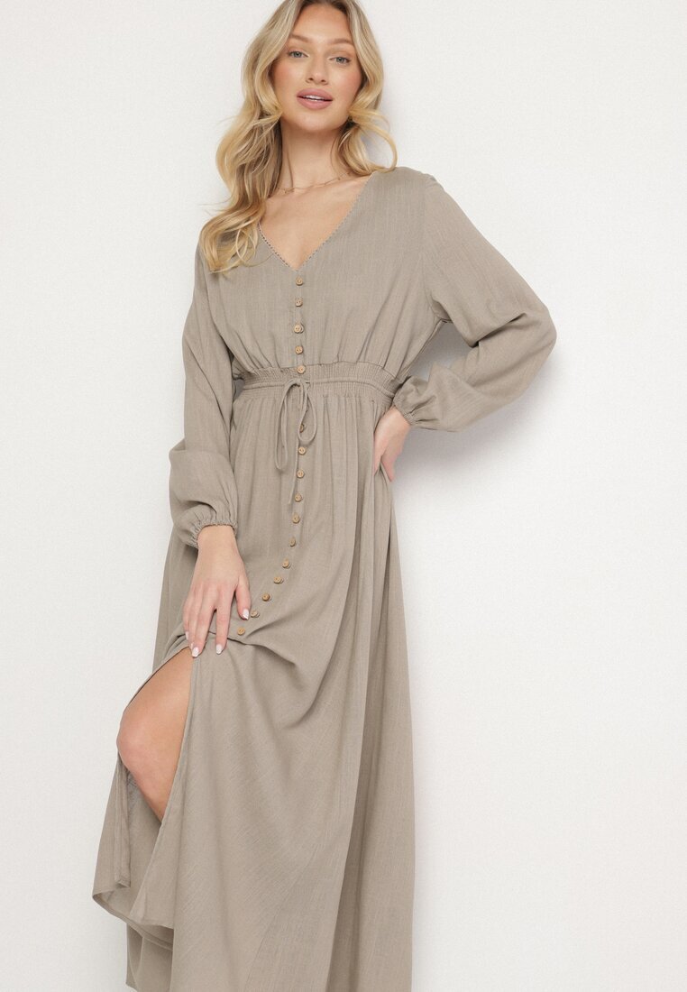 m&d fashion Rochie Bej Evazată cu In și Viscoză Decorată cu Nasturi Maitiella
