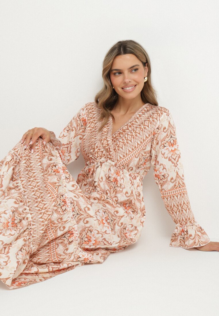 m&d fashion Rochie Bej Evazată din Vâscoză cu Volane și cu Model Etnic Koririane