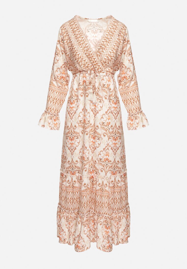 m&d fashion Rochie Bej Evazată din Vâscoză cu Volane și cu Model Etnic Koririane