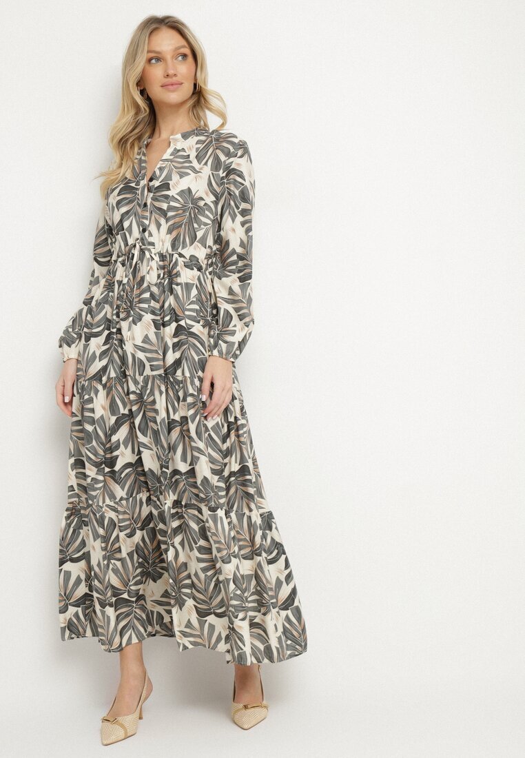 m&d fashion Rochie bej-gri cu vâscoză cu croi evazat cu motiv floral Edionilira