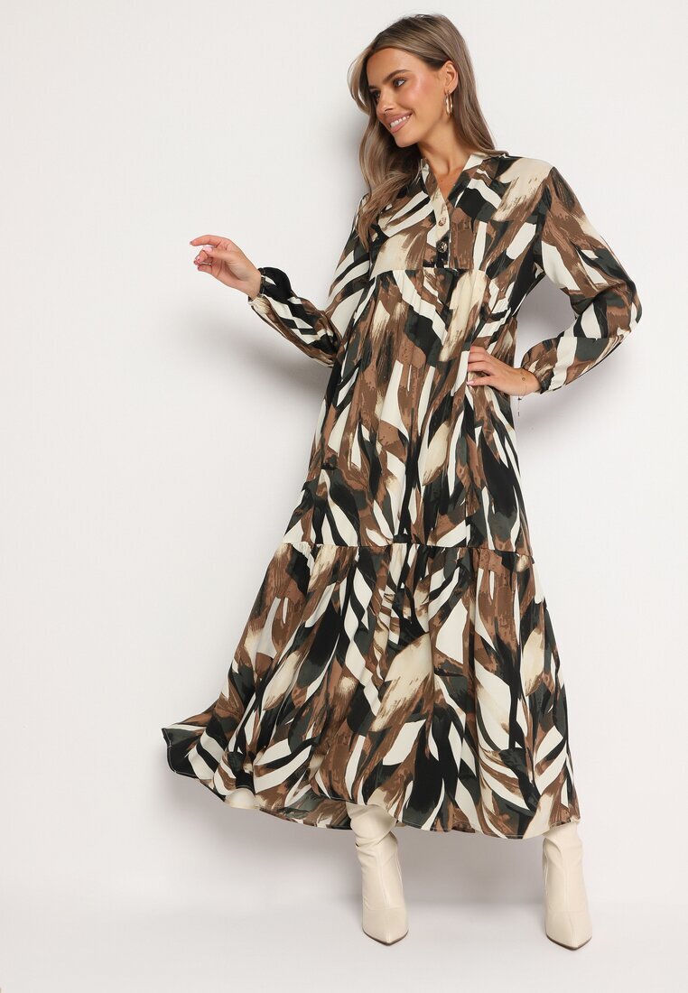 m&d fashion Rochie Bej-Maro Cloș cu Imprimeu Abstract și cu Bust Tip Cămașă Analow
