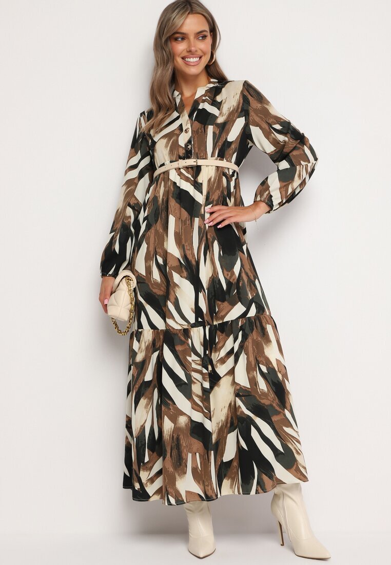 m&d fashion Rochie Bej-Maro Cloș cu Imprimeu Abstract și cu Bust Tip Cămașă Analow