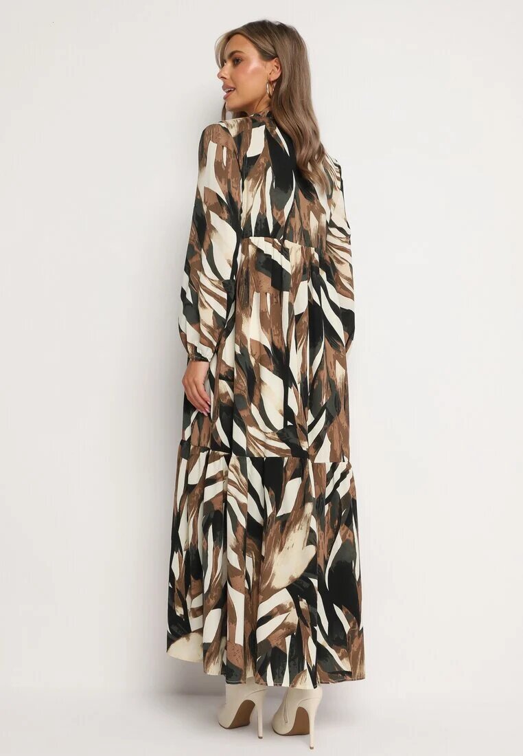 m&d fashion Rochie Bej-Maro Cloș cu Imprimeu Abstract și cu Bust Tip Cămașă Analow