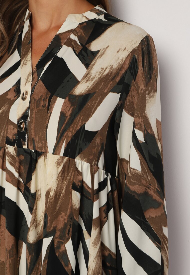 m&d fashion Rochie Bej-Maro Cloș cu Imprimeu Abstract și cu Bust Tip Cămașă Analow