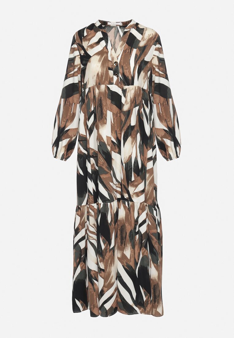 m&d fashion Rochie Bej-Maro Cloș cu Imprimeu Abstract și cu Bust Tip Cămașă Analow