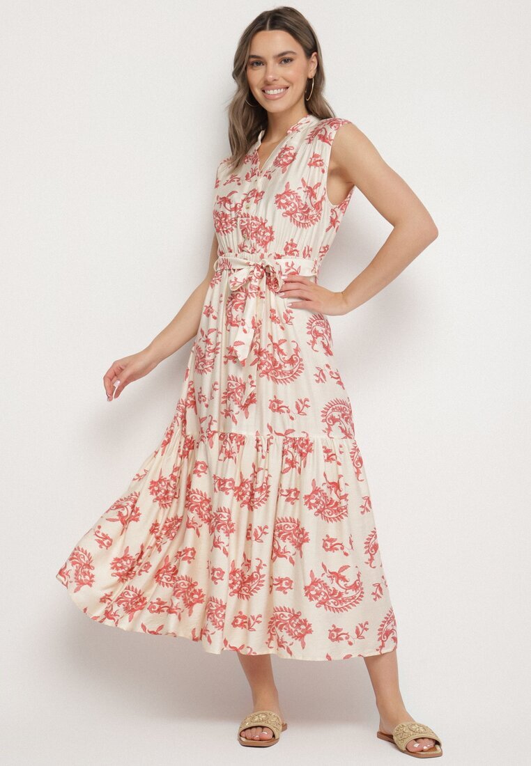 m&d fashion Rochie Bej-Roz Vâscoză cu Imprimeu Abstract cu Curea Rinoriela
