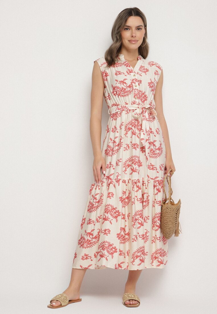 m&d fashion Rochie Bej-Roz Vâscoză cu Imprimeu Abstract cu Curea Rinoriela
