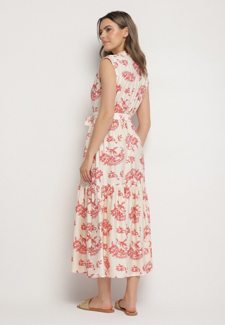 m&d fashion Rochie Bej-Roz Vâscoză cu Imprimeu Abstract cu Curea Rinoriela