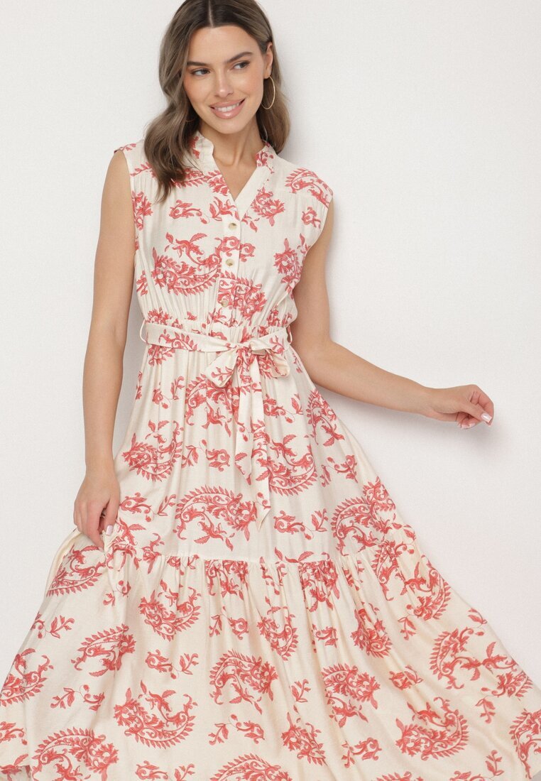 m&d fashion Rochie Bej-Roz Vâscoză cu Imprimeu Abstract cu Curea Rinoriela