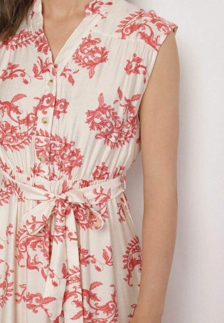 m&d fashion Rochie Bej-Roz Vâscoză cu Imprimeu Abstract cu Curea Rinoriela