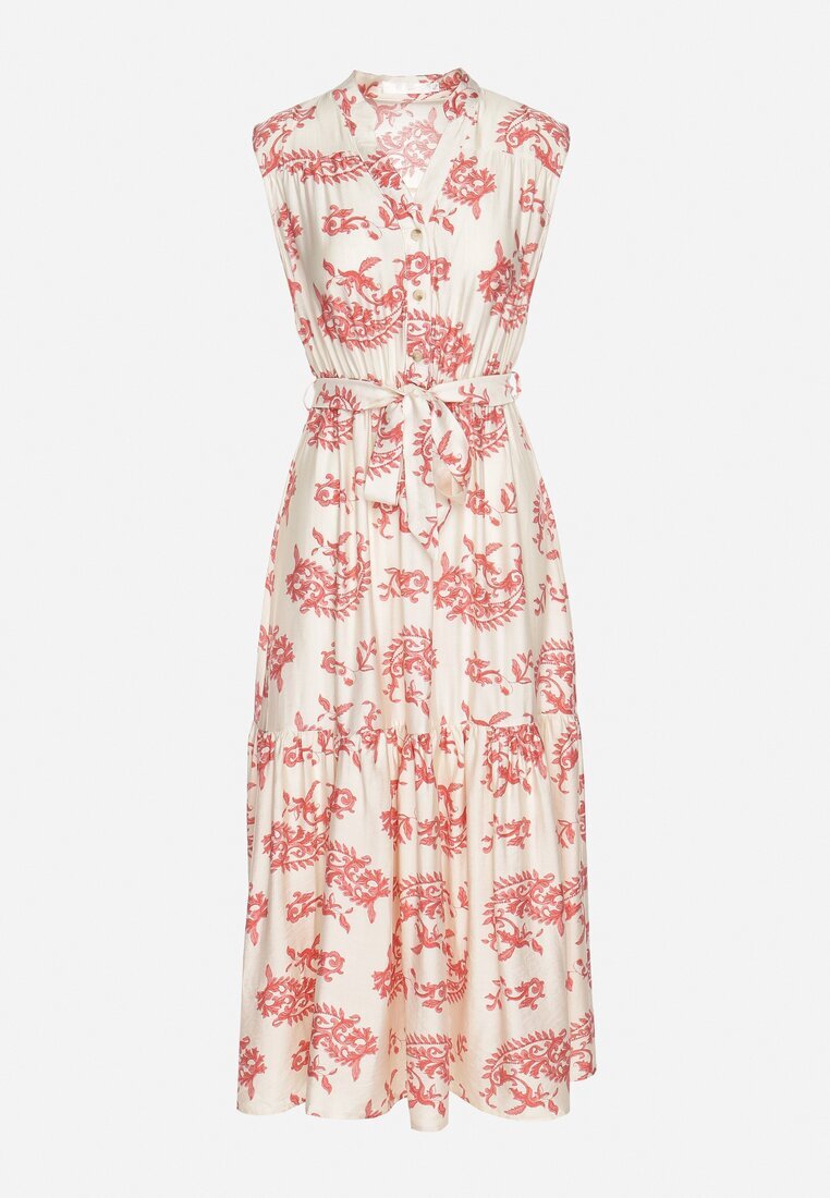 m&d fashion Rochie Bej-Roz Vâscoză cu Imprimeu Abstract cu Curea Rinoriela