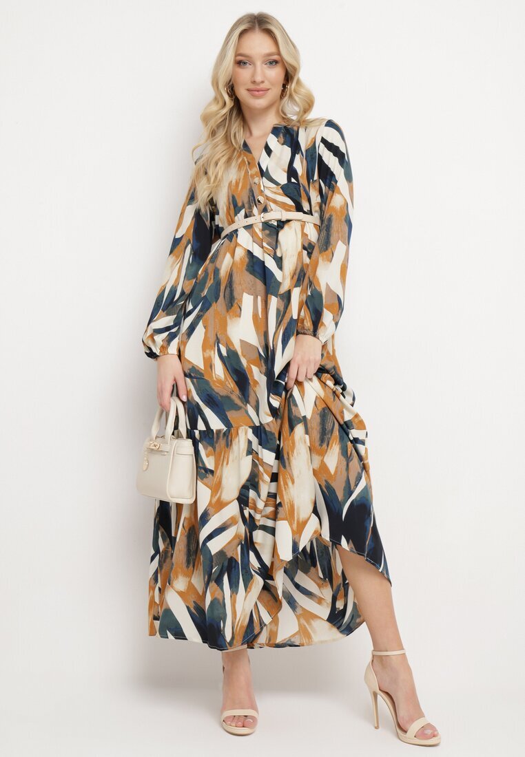 m&d fashion Rochie Bej și Verde Cloș cu Imprimeu Abstract cu bust camisă Analow