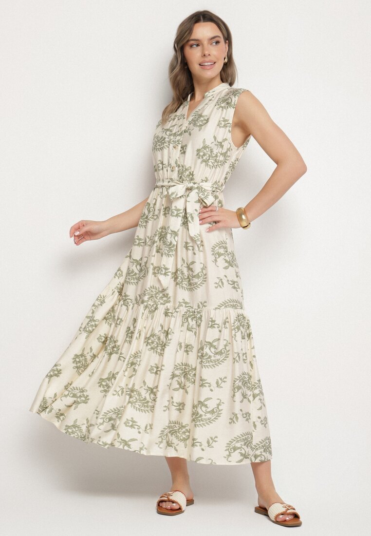 m&d fashion Rochie Bej-Verde din viscoză cu imprimeu abstract cu centură Rinoriela
