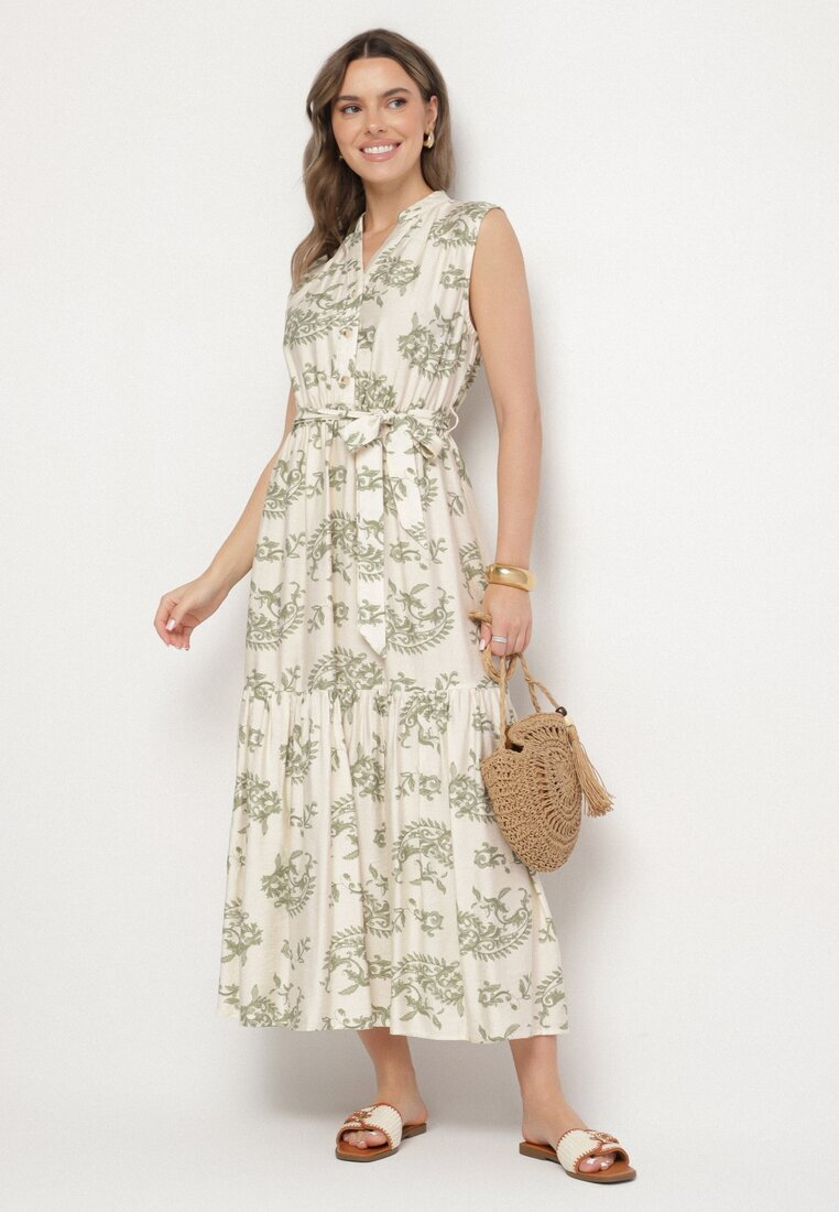 m&d fashion Rochie Bej-Verde din viscoză cu imprimeu abstract cu centură Rinoriela