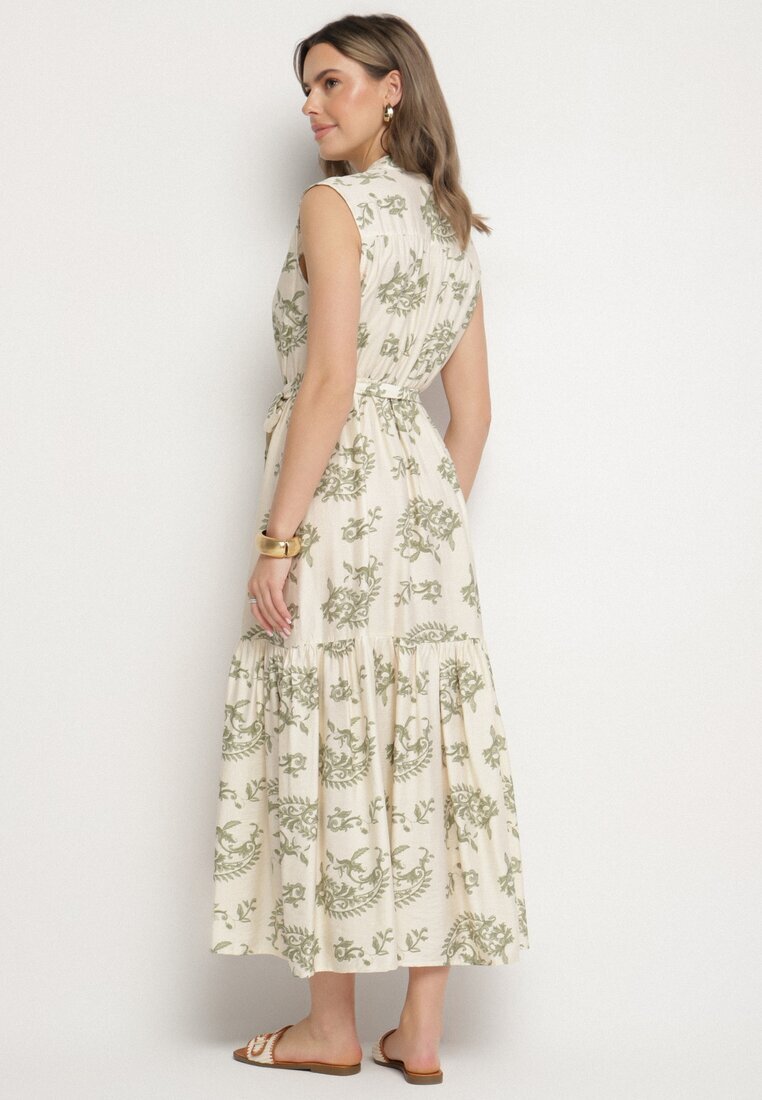 m&d fashion Rochie Bej-Verde din viscoză cu imprimeu abstract cu centură Rinoriela