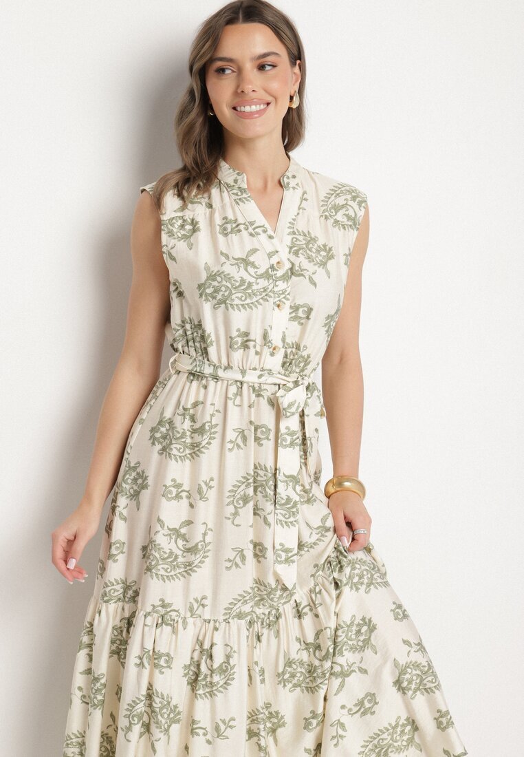m&d fashion Rochie Bej-Verde din viscoză cu imprimeu abstract cu centură Rinoriela