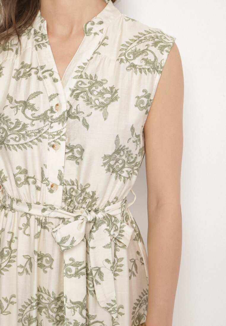 m&d fashion Rochie Bej-Verde din viscoză cu imprimeu abstract cu centură Rinoriela
