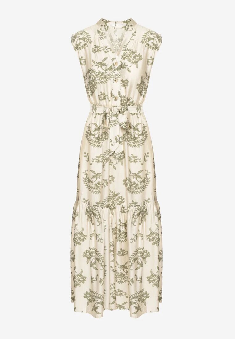 m&d fashion Rochie Bej-Verde din viscoză cu imprimeu abstract cu centură Rinoriela