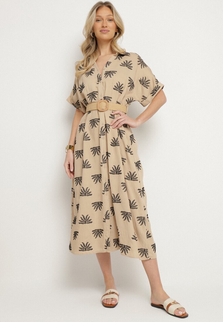 m&d fashion Rochie Cămașă Bej din Viscoză Decorată cu Broderie cu Curea Elastică Liovira