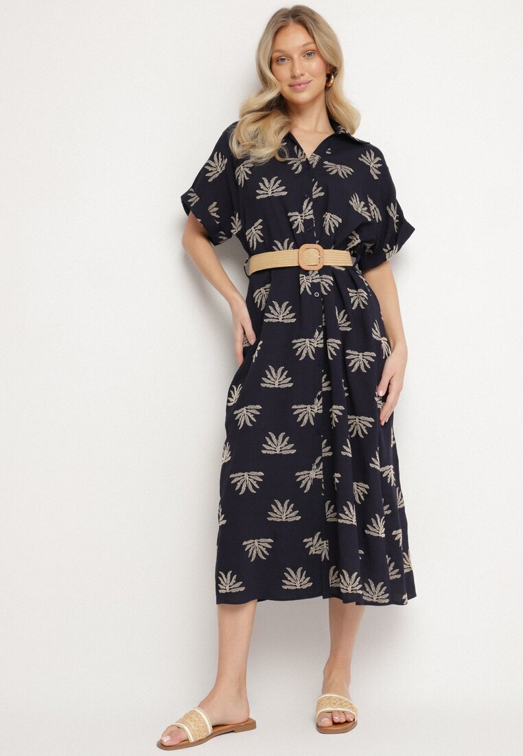 m&d fashion Rochie Cămășă Bleumarin din Viscoză Decorată cu Broderie cu Curea Elastică Liovira