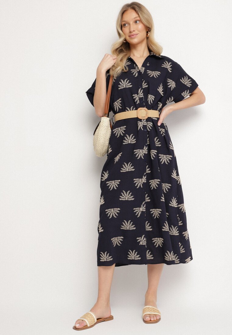 m&d fashion Rochie Cămășă Bleumarin din Viscoză Decorată cu Broderie cu Curea Elastică Liovira