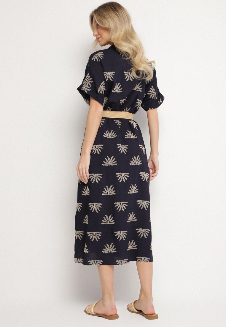 m&d fashion Rochie Cămășă Bleumarin din Viscoză Decorată cu Broderie cu Curea Elastică Liovira
