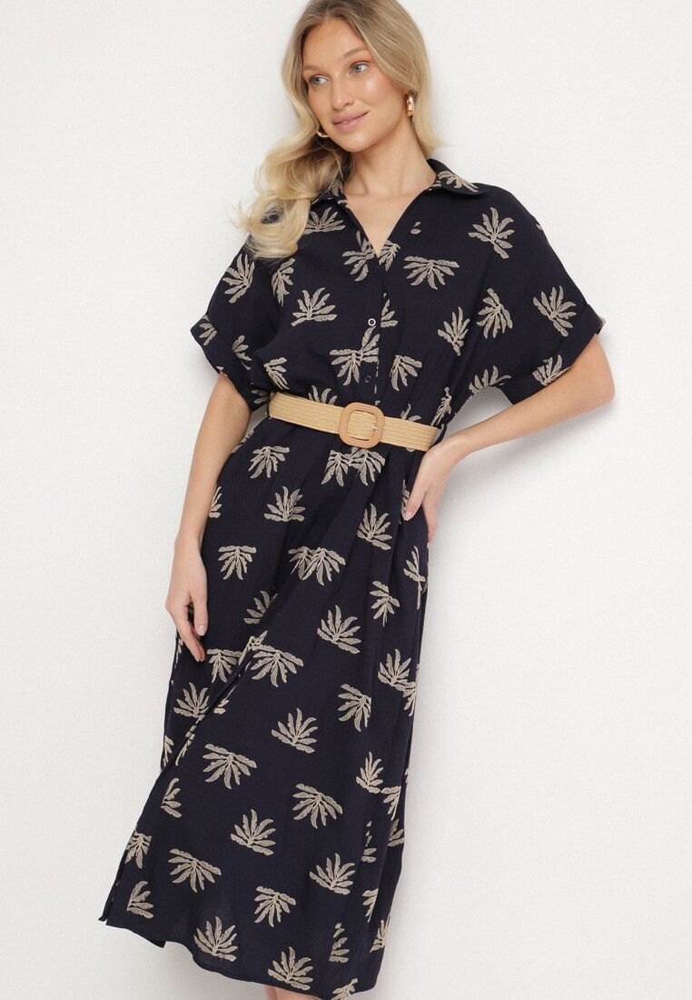 m&d fashion Rochie Cămășă Bleumarin din Viscoză Decorată cu Broderie cu Curea Elastică Liovira