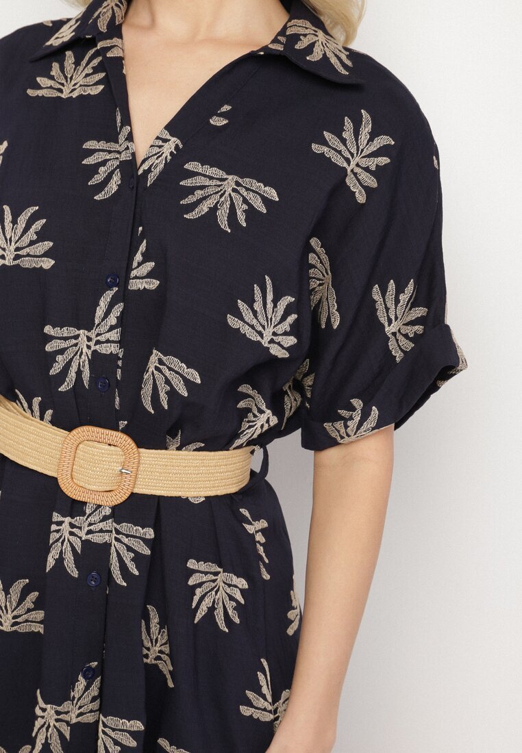 m&d fashion Rochie Cămășă Bleumarin din Viscoză Decorată cu Broderie cu Curea Elastică Liovira