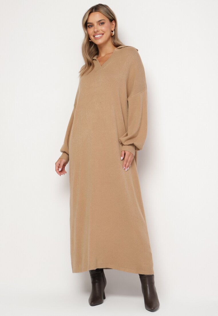 m&d fashion Rochie Ciemnobej tip pulover cu croială dreaptă din Viscoză cu mâneci late și guler Rinfera