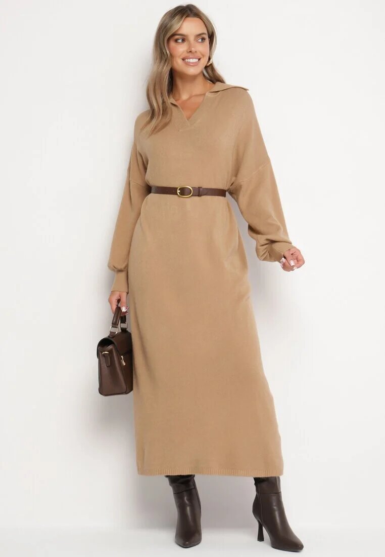 m&d fashion Rochie Ciemnobej tip pulover cu croială dreaptă din Viscoză cu mâneci late și guler Rinfera