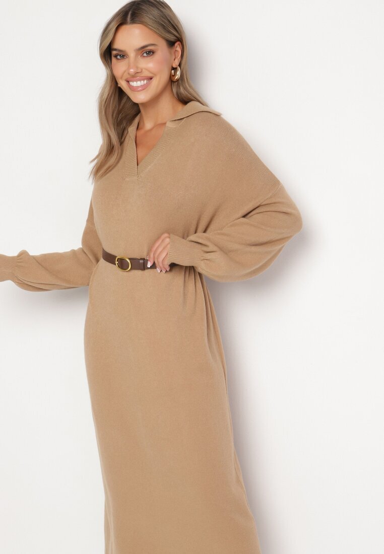 m&d fashion Rochie Ciemnobej tip pulover cu croială dreaptă din Viscoză cu mâneci late și guler Rinfera