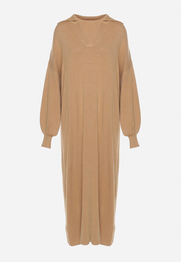 m&d fashion Rochie Ciemnobej tip pulover cu croială dreaptă din Viscoză cu mâneci late și guler Rinfera