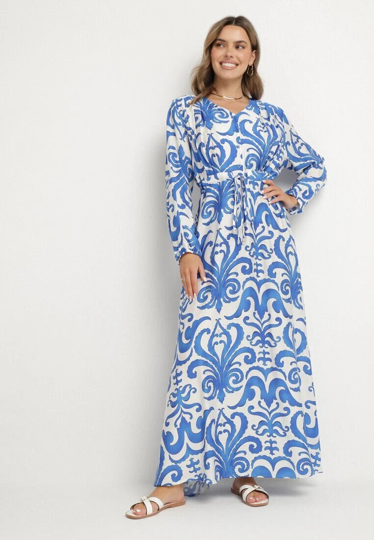 m&d fashion Rochie Cloș Albastră din Vâscoză cu șnur cu Imprimeu Abstract Ridimarelle
