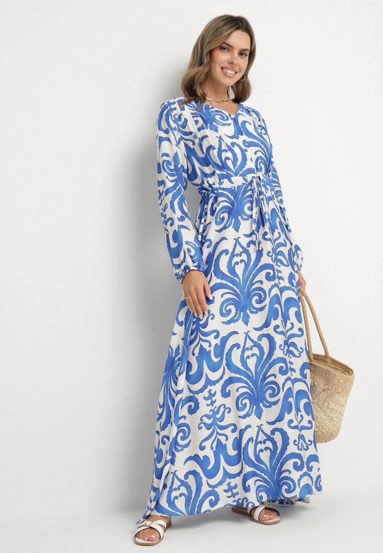 m&d fashion Rochie Cloș Albastră din Vâscoză cu șnur cu Imprimeu Abstract Ridimarelle