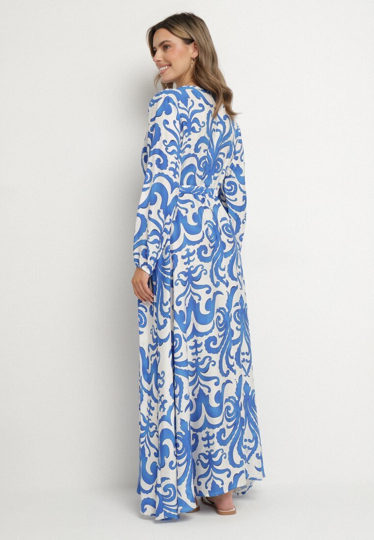 m&d fashion Rochie Cloș Albastră din Vâscoză cu șnur cu Imprimeu Abstract Ridimarelle