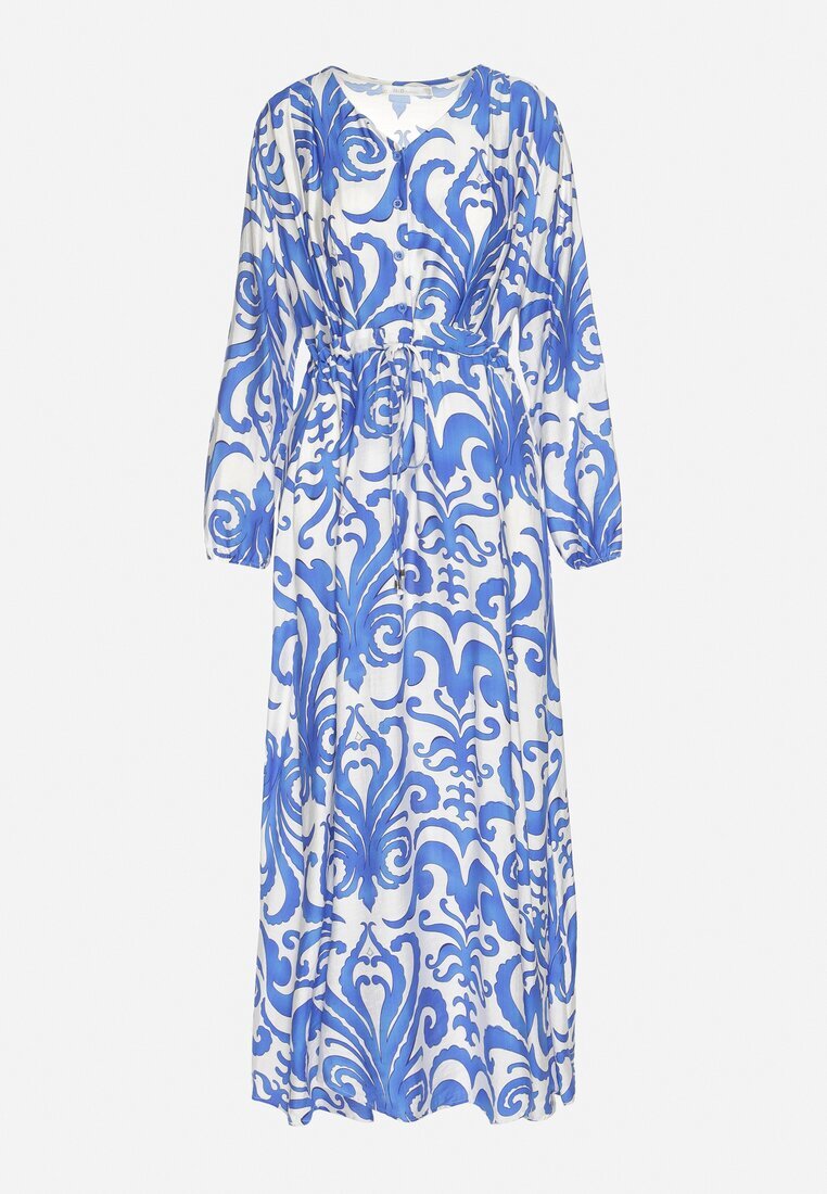 m&d fashion Rochie Cloș Albastră din Vâscoză cu șnur cu Imprimeu Abstract Ridimarelle