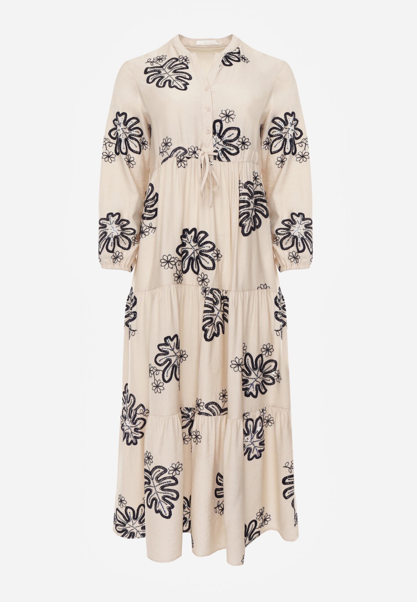 m&d fashion Rochie cu motiv floral brodată cu șnur în talie decorată cu paiete Callochis Bej