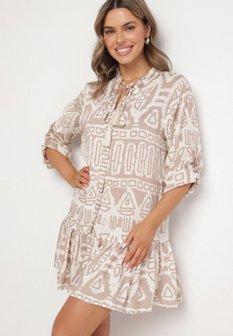 m&d fashion Rochie din vâscoză bej cu model etnic croi evazat cu cordon Nalpio
