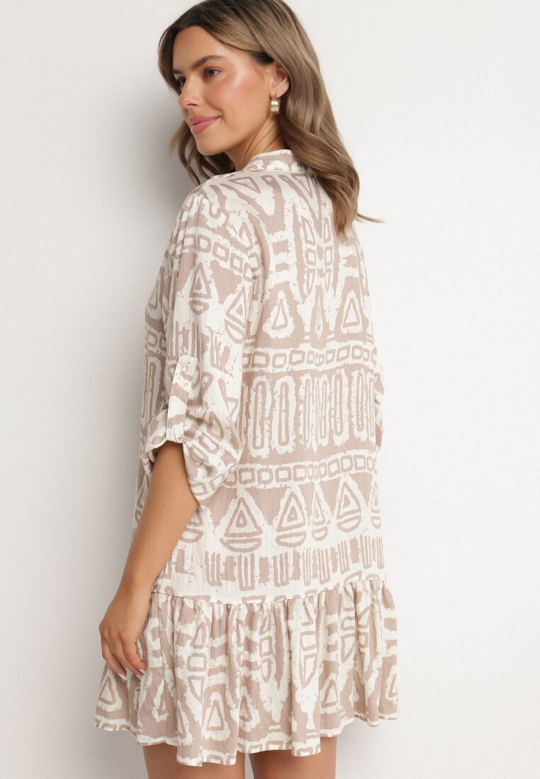 m&d fashion Rochie din vâscoză bej cu model etnic croi evazat cu cordon Nalpio