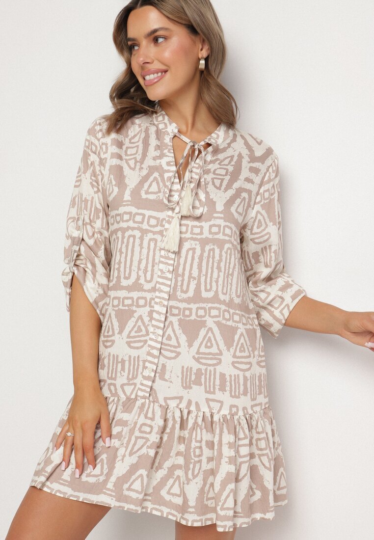 m&d fashion Rochie din vâscoză bej cu model etnic croi evazat cu cordon Nalpio