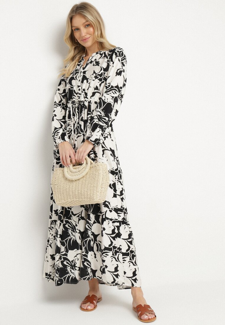 m&d fashion Rochie Evazată Neagră din Viscoză cu croi tip cămașă cu Imprimeu Floral Ridisiana