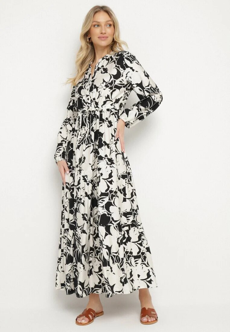 m&d fashion Rochie Evazată Neagră din Viscoză cu croi tip cămașă cu Imprimeu Floral Ridisiana