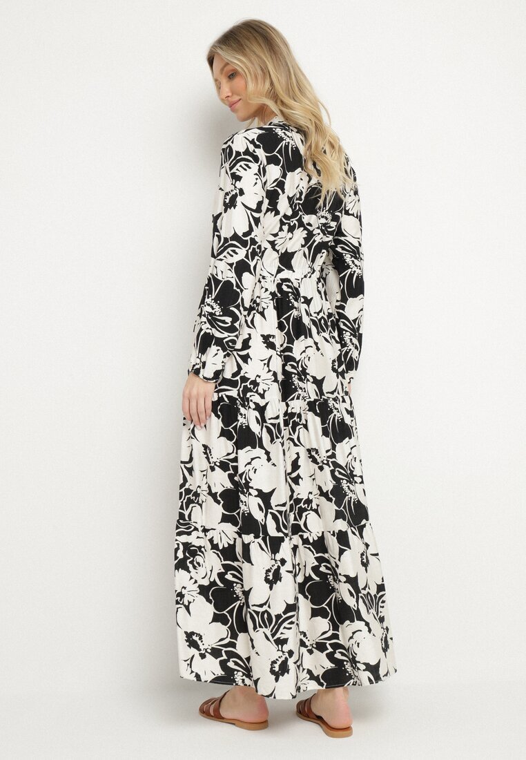 m&d fashion Rochie Evazată Neagră din Viscoză cu croi tip cămașă cu Imprimeu Floral Ridisiana