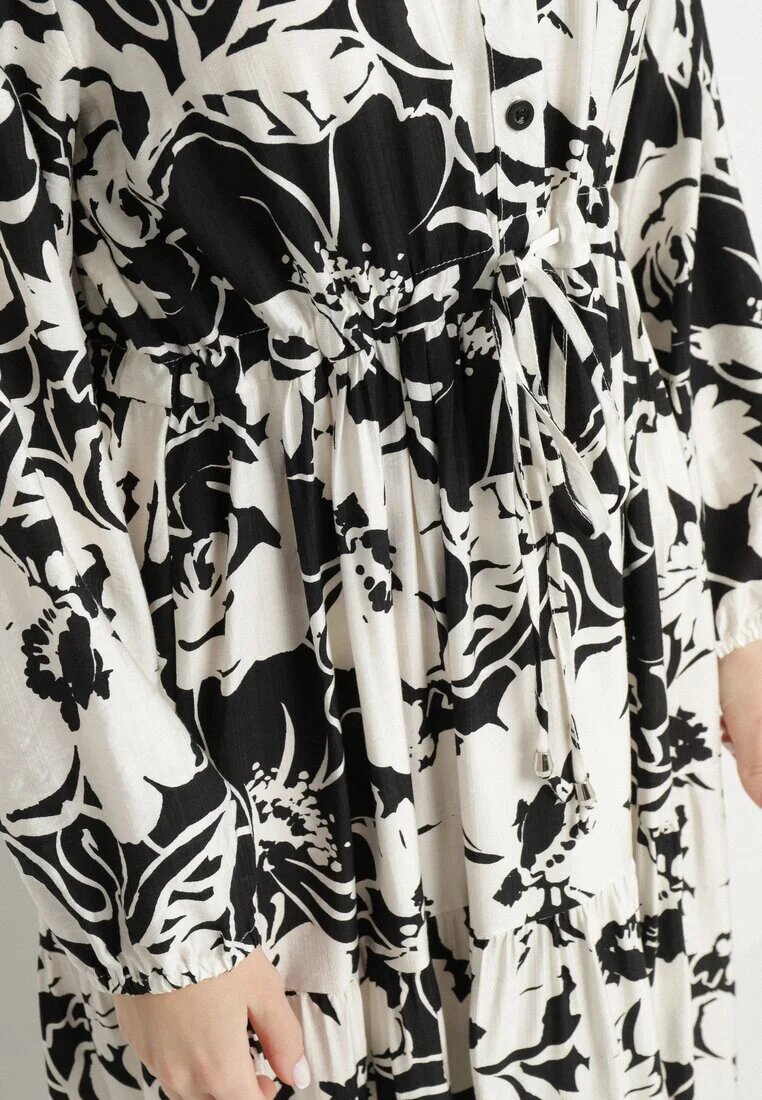 m&d fashion Rochie Evazată Neagră din Viscoză cu croi tip cămașă cu Imprimeu Floral Ridisiana